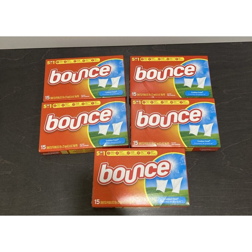5 NEW Packs Bounce Dryer Sheets 15 Sheets Outdoor Fresh Scent 5 In 1 6.3 x 8.7